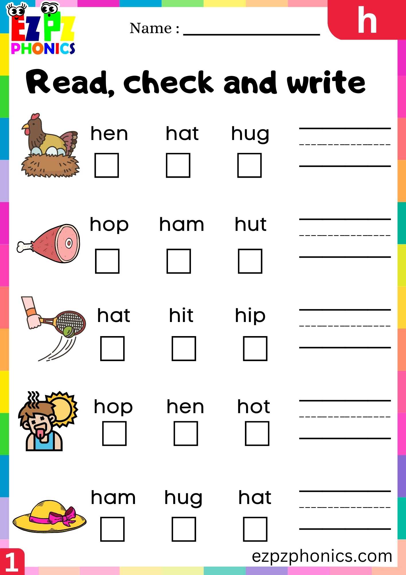 Letter H Read, Check And Write Beginning Sounds Worksheet